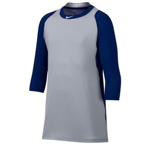 EUC NIKE Men's Pro Cool Reglan ¾-Sleeve Baseball Shirt Medium Gray/Navy Fitted